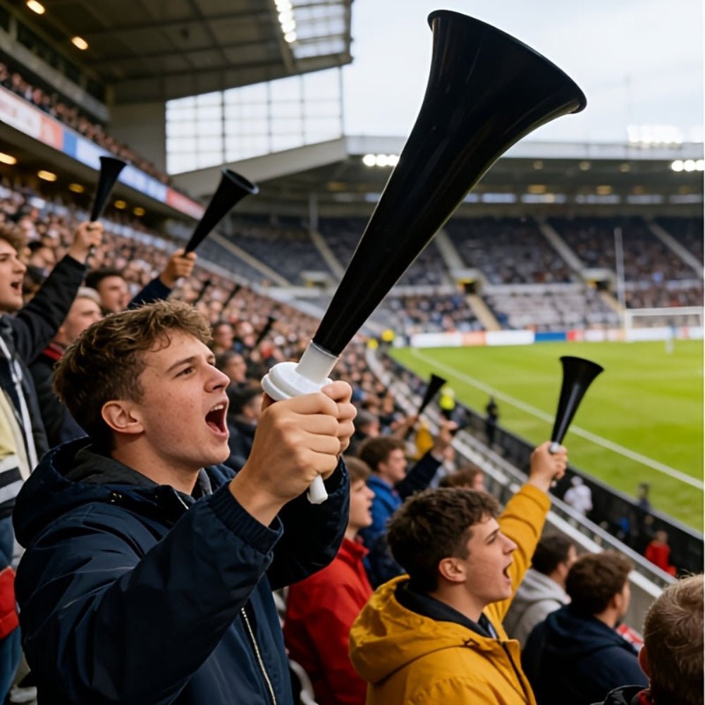 Portable high decibel air horn in lightweight PVC design, perfect for events and safety use, showcased in a vibrant outdoor setting. 0